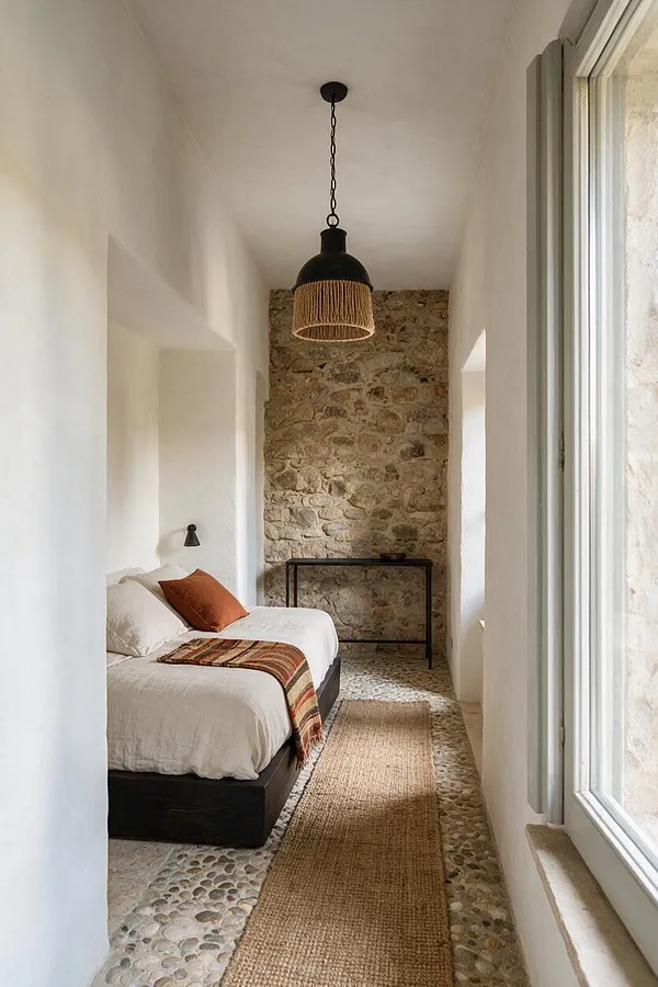 A narrow Mediterranean-style guest bedroom with white plaster walls, a rough stone accent wall, and a simple low bed dressed in white linens. A woven pendant light hangs from the ceiling, while a jute runner and pebble-style floor add natural texture beside a window on the right.