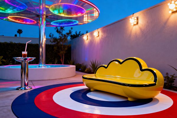 An outdoor patio at dusk features a shiny yellow, cloud-shaped bench with black edging placed on a red, white, and navy target graphic floor. To the left, a chrome pedestal table holds a drink beside a circular fountain; a mirror-polished column rises to a canopy of transparent acrylic discs rimmed with multicolored LED rings, casting rainbow reflections on concrete, while warm globe-bulb sconces line a smooth stucco wall and low plantings edge the space.