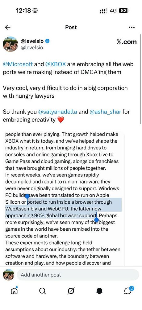 A screenshot of a social media post by @levelsio discussing Microsoft's and XBOX's acceptance of web ports, highlighting technical details about running games through WebAssembly and WebGPU in browsers.