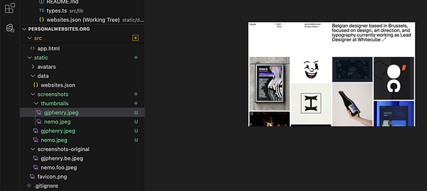 The image displays a code editor interface alongside a personal website showcasing a designer's portfolio.