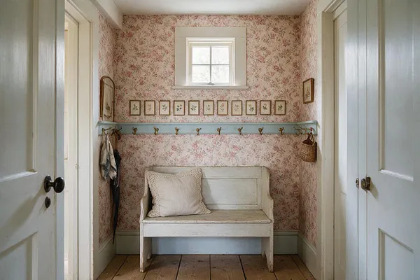 A narrow cottagecore mudroom with pink floral wallpaper, a small window centered above a row of framed botanical prints, and a distressed white wooden bench below. Pale blue trim with brass hooks runs along the wall, with hanging bags and accessories, wood plank flooring, and soft white doors framing the space.