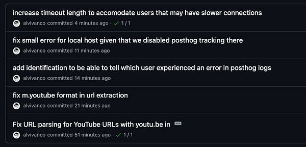 A screenshot of a commit history from a coding platform showing recent updates and fixes made by a user.