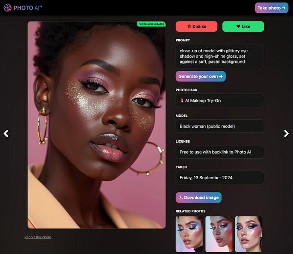 A close-up portrait of a model with striking makeup against a pastel background.