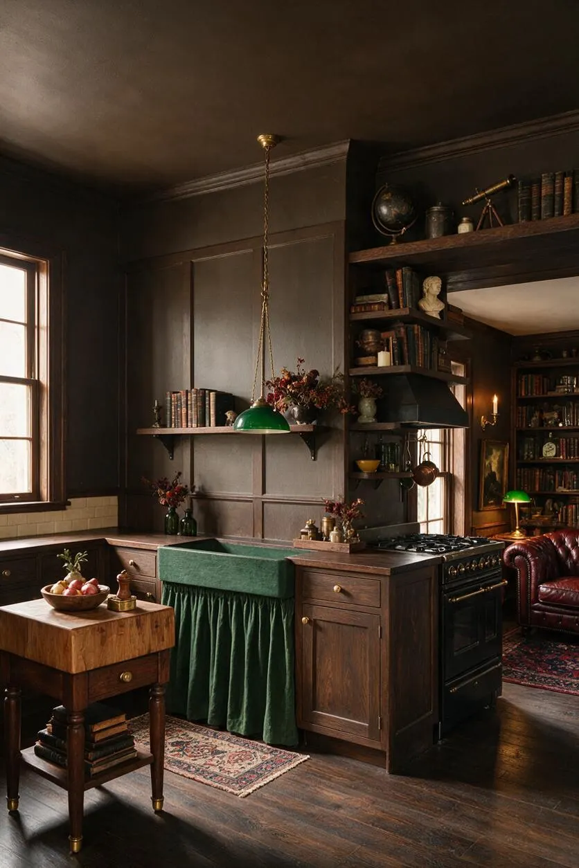 A moody kitchen with dark wood cabinetry, paneled walls, and a green apron-front sink draped with a velvet skirt. Open shelves hold books, a globe, and vintage decor, while a brass pendant light, patterned rugs, and a black range complete the scholarly, old-world atmosphere.