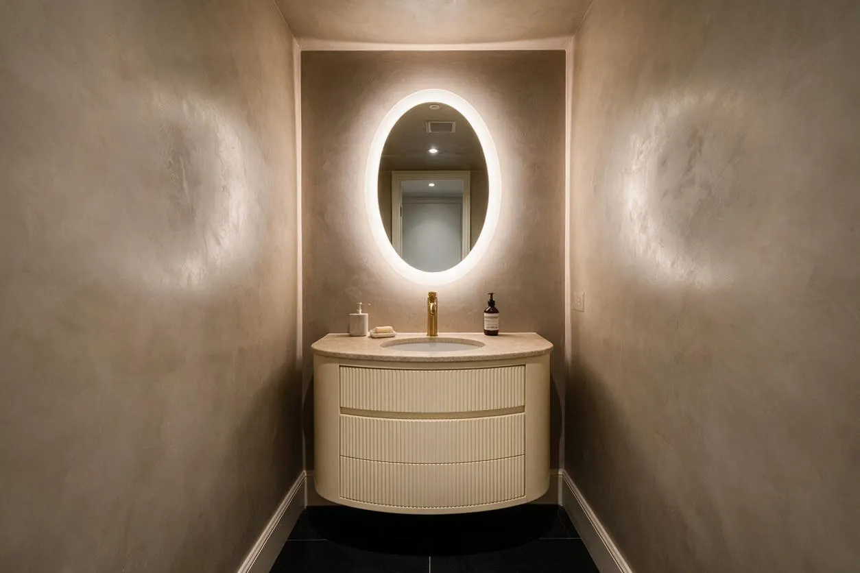 A narrow modern powder room with textured beige walls, a curved cream vanity, and a glowing oval backlit mirror centered above the sink. The space includes a light stone countertop, brass faucet, and dark floor tiles, creating a warm minimalist look.