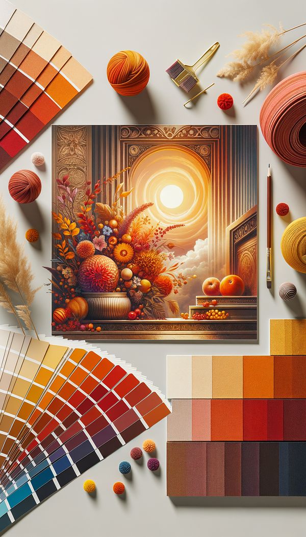 An interior design mood board showcasing a palette of advancing colors, featuring warm shades of red, orange, and yellow, complemented by fabric swatches, paint samples, and decorative items.