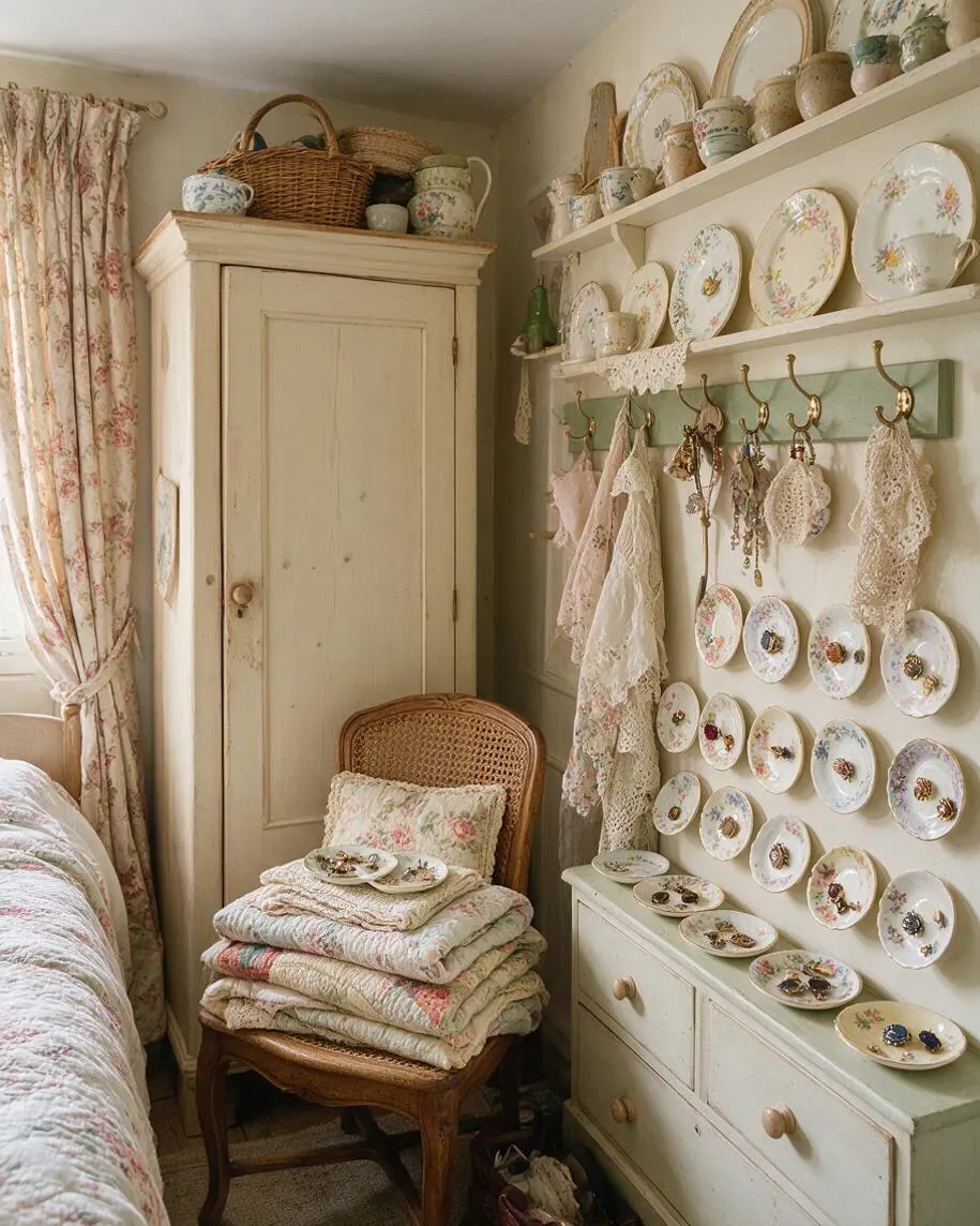 A cozy cottagecore closet corner with a cream-painted wardrobe, floral curtains, and a wicker chair stacked with folded quilts. Wall shelves hold floral plates and pottery, with lace accessories and small decorative items arranged above a pale dresser.