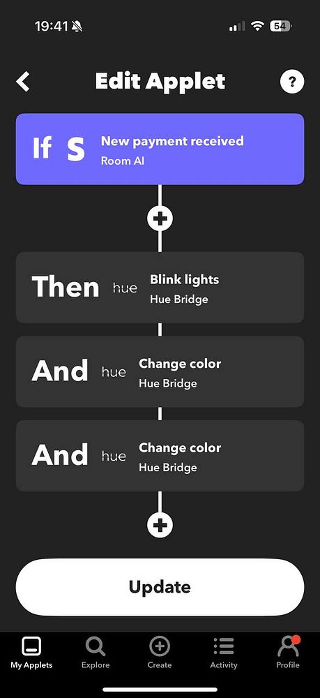 The image displays a mobile app interface for creating an automation applet related to Stripe payments and smart lighting.