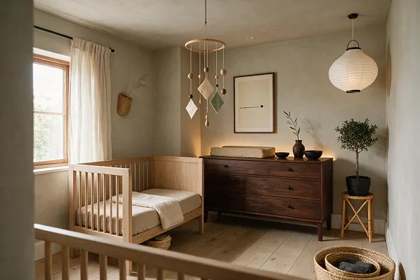 A calm Japandi-style nursery with a light wood crib, a dark wood dresser, soft cream curtains, and natural woven accents. Warm neutral walls, a paper pendant lamp, hanging mobile, and potted greenery create a peaceful, minimalist atmosphere.