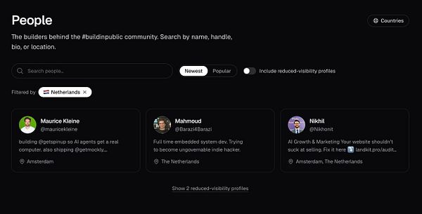User interface of a people directory with a search bar and filter options including a dropdown labeled 'Country'.