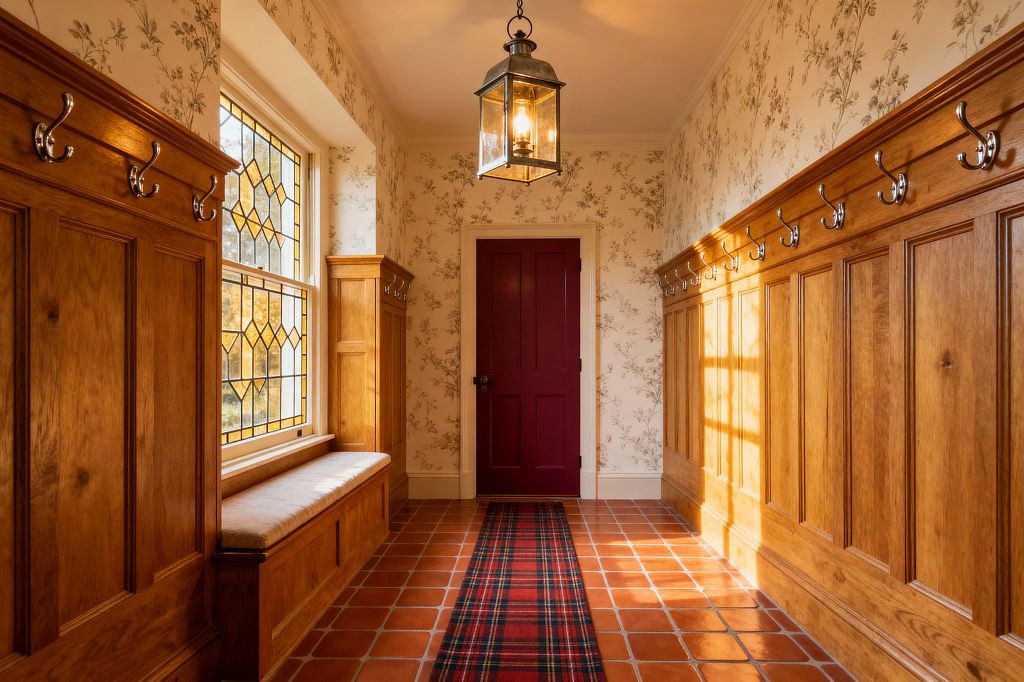 A long, narrow mudroom lined with honey oak paneled walls and rows of polished nickel coat hooks. A built-in bench with a light cushion sits beneath a leaded stained-glass window, while terracotta floor tiles and a red tartan runner lead to a deep burgundy door. Cream floral wallpaper wraps the space, and a classic glass lantern pendant overhead casts warm, golden light across the room.