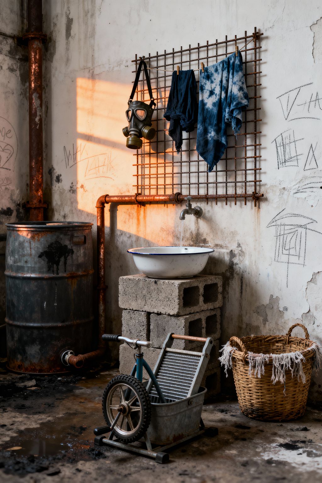 A decayed laundry space features rusted pipes feeding a wall faucet above a white enamel basin set on stacked cinder blocks. A rebar grid holds indigo tie-dyed cloths and a gas mask, while a galvanized washboard tub on a wheeled base, a wicker basket, a corroded oil drum, peeling graffiti-marked plaster, and puddled concrete floors glow in warm slanting light.