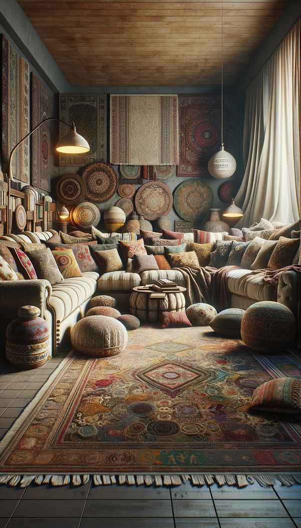A cozy living room filled with layers of textured rugs, plush furniture, decorative pillows, and soft lighting, creating a warm and inviting atmosphere.