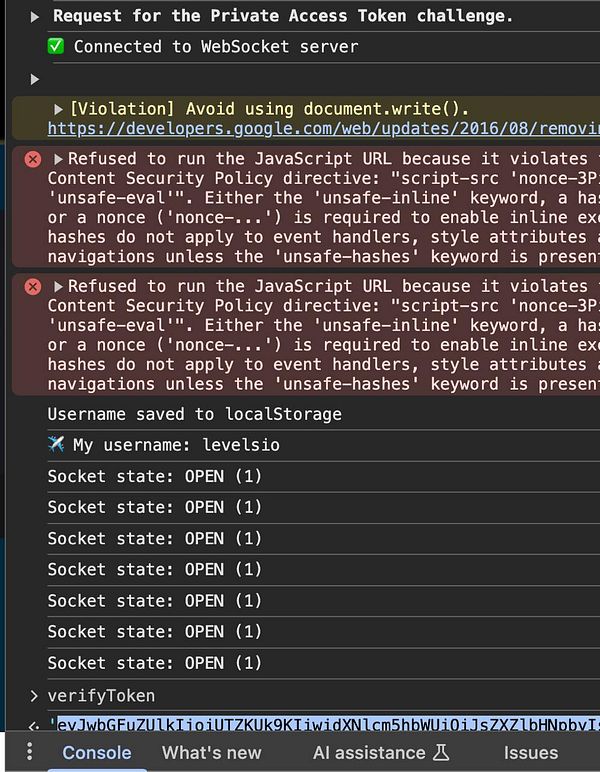 The image displays a console log from a web development environment showing WebSocket connection status and JavaScript errors related to Content Security Policy.
