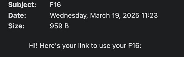 The image displays an email interface with details about an F16 task.