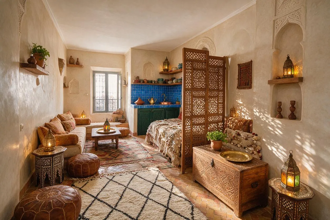A cozy Moroccan-style studio apartment with beige plaster walls, carved niches, and a colorful blue-tiled kitchenette. The room includes low seating, patterned rugs, leather poufs, lanterns, a wooden lattice divider, and rich wood furnishings in warm earthy tones.