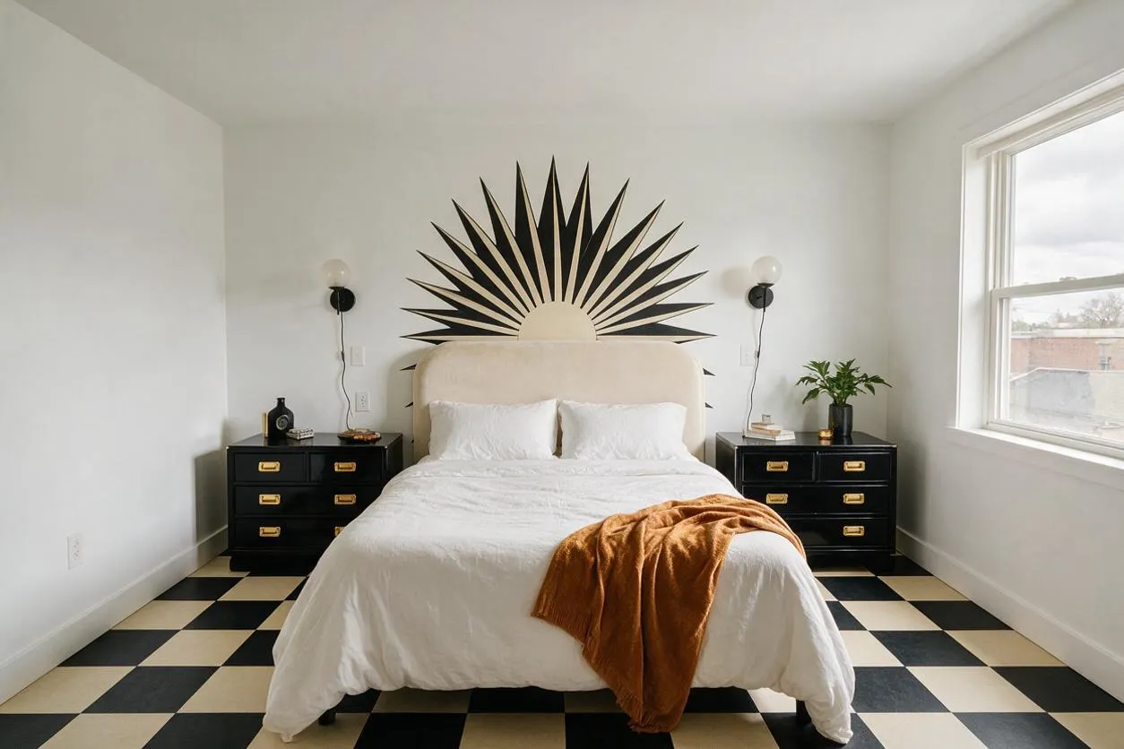 A bright guest bedroom with a cream upholstered bed centered against a white wall, flanked by black nightstands with brass pulls and wall sconces. A dramatic black sunburst mural rises behind the headboard, and a black-and-cream checkered floor adds a bold Art Deco feel.