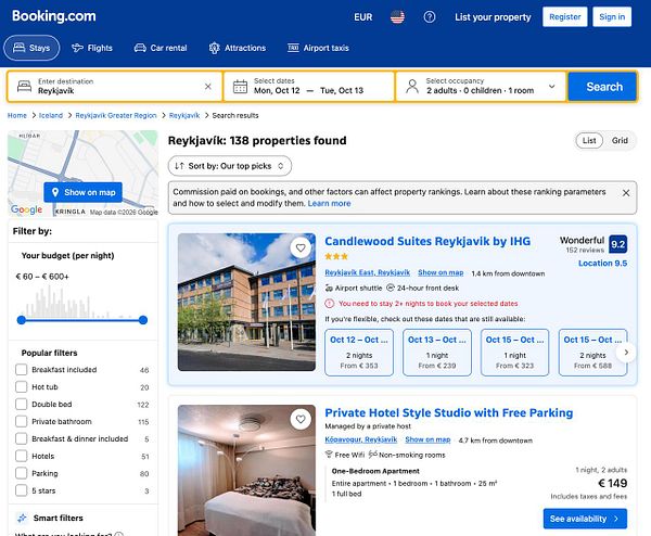 Booking.com search results page for hotels in Reykjavík with filters and hotel listings.