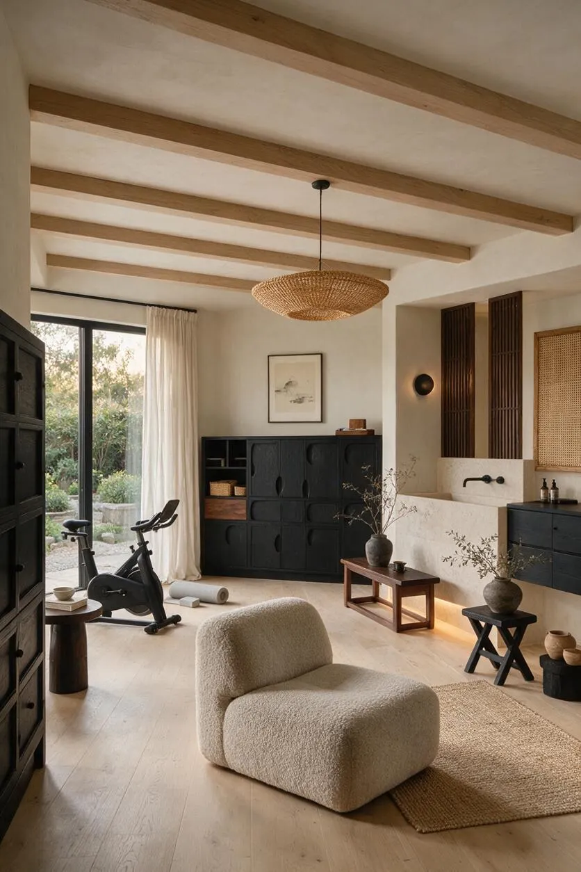 A calm home gym in Japandi style with a stationary bike near a large window, black storage cabinets, and a sculptural boucle lounge chair on a woven rug. The room features exposed wood ceiling beams, a woven pendant light, light wood floors, and warm neutral tones with black accents.