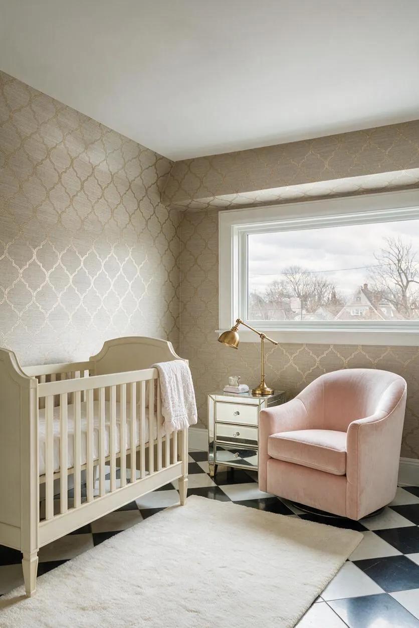 A refined nursery with an ivory crib, blush pink swivel chair, mirrored nightstand, and brass desk lamp set against metallic patterned wallpaper. Black-and-white checkered tile flooring and a plush white rug add contrast and softness beneath a large window with white trim.