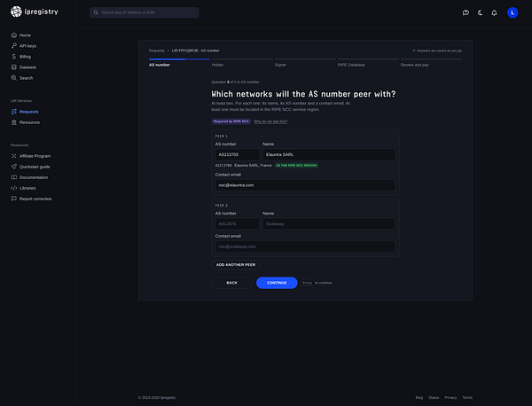 Screenshot of the ipregistry admin dashboard showing a multi-step form for AS number requests where users input peering network details and contact emails.
