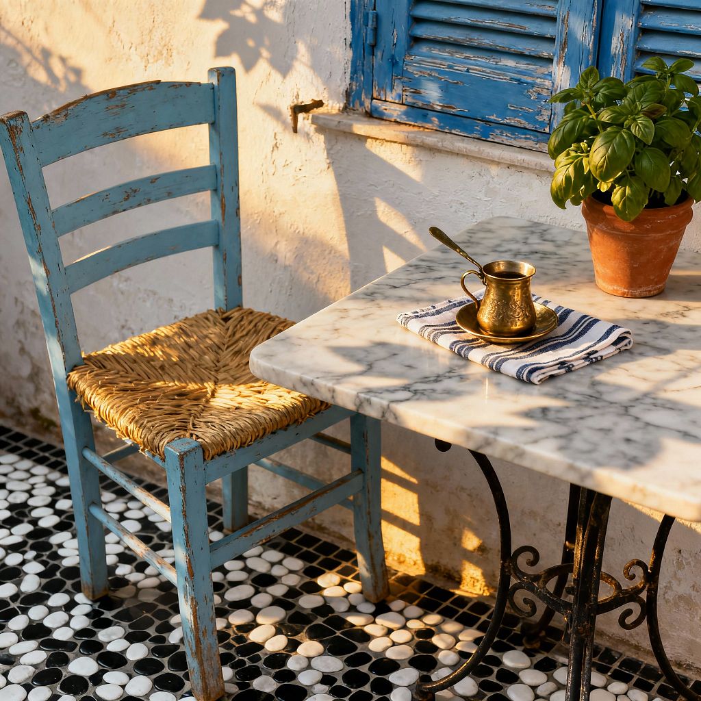 An outdoor patio vignette shows a weathered sky-blue wooden chair with a woven rush seat beside a white marble table on a wrought-iron base. On the tabletop are a brass coffee pot and saucer atop a blue-and-white striped cloth next to a terracotta pot of basil; behind, a whitewashed stucco wall with aged blue shutters and a black-and-white pebble mosaic floor glow in warm late-afternoon light with soft shadows.
