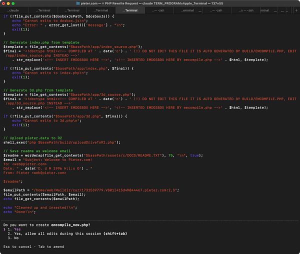 Screenshot of a terminal window showing a bash script with PHP code and comments for building Em-DOSBox at pieter.com.
