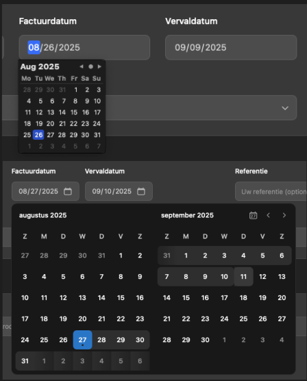 The image displays a user interface for selecting dates with two date pickers for invoice and due dates.