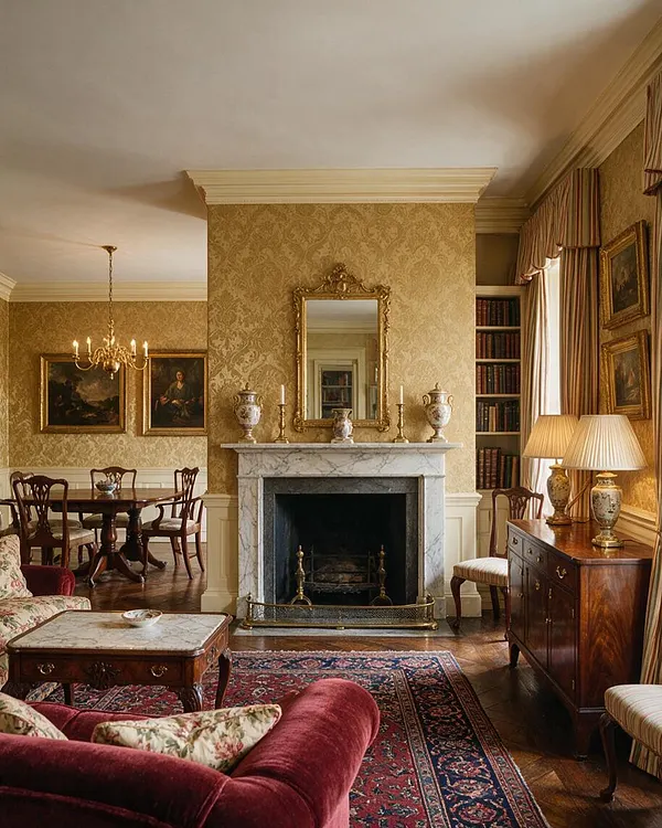 A traditional studio apartment interior with a marble fireplace centered on a patterned gold wallpapered wall, framed by ornate mirror and decorative urns. The space includes a burgundy velvet sofa, carved wood coffee table, Persian-style rug, dining area, wood console with table lamps, and tall draped windows.
