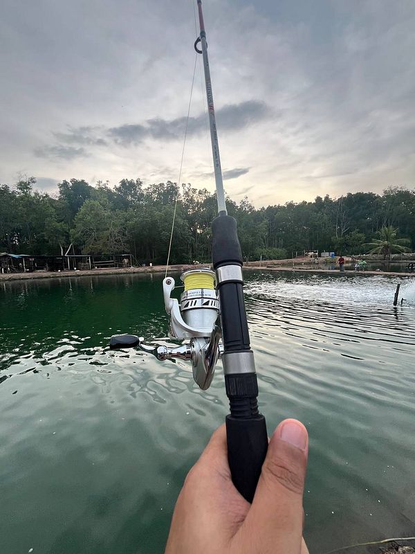 A person is holding a fishing rod over a calm body of water with a lush green background.