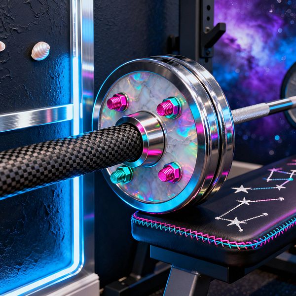 Close-up of a home gym bench and barbell styled with cosmic details. A carbon-fiber grip and chrome collars hold iridescent plates fastened by pink and teal anodized bolts, while a black bench displays white constellation embroidery with neon pink and cyan cross-stitching. Behind, a purple galaxy mural and blue LED strips set in brushed aluminum trim illuminate a dark, textured wall.
