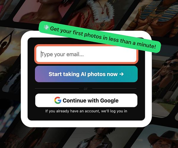 The image displays a user interface for signing up to an AI photo service.
