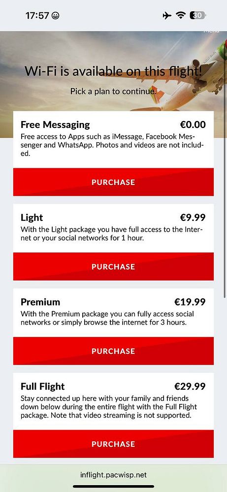The image displays a Wi-Fi purchase options screen for an in-flight service.