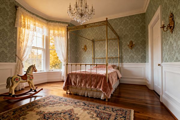 A Victorian-style children’s bedroom features a brass four-poster bed dressed in blush velvet and lace, set against sage green damask wallpaper with white wainscoting. A crystal chandelier and brass candle sconces add sparkle above hardwood floors, a Persian-style rug, and a painted wooden rocking horse, while sheer lace curtains at a bay window filter warm afternoon light.