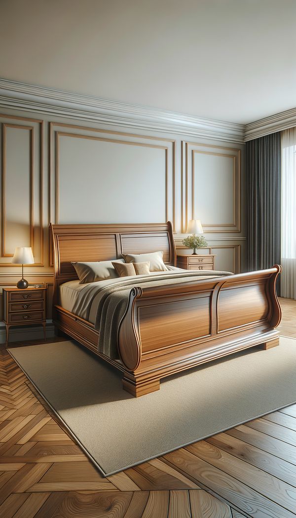 An elegant, classic wooden sleigh bed set in a well-decorated, spacious bedroom, with the curved headboard and footboard clearly visible.