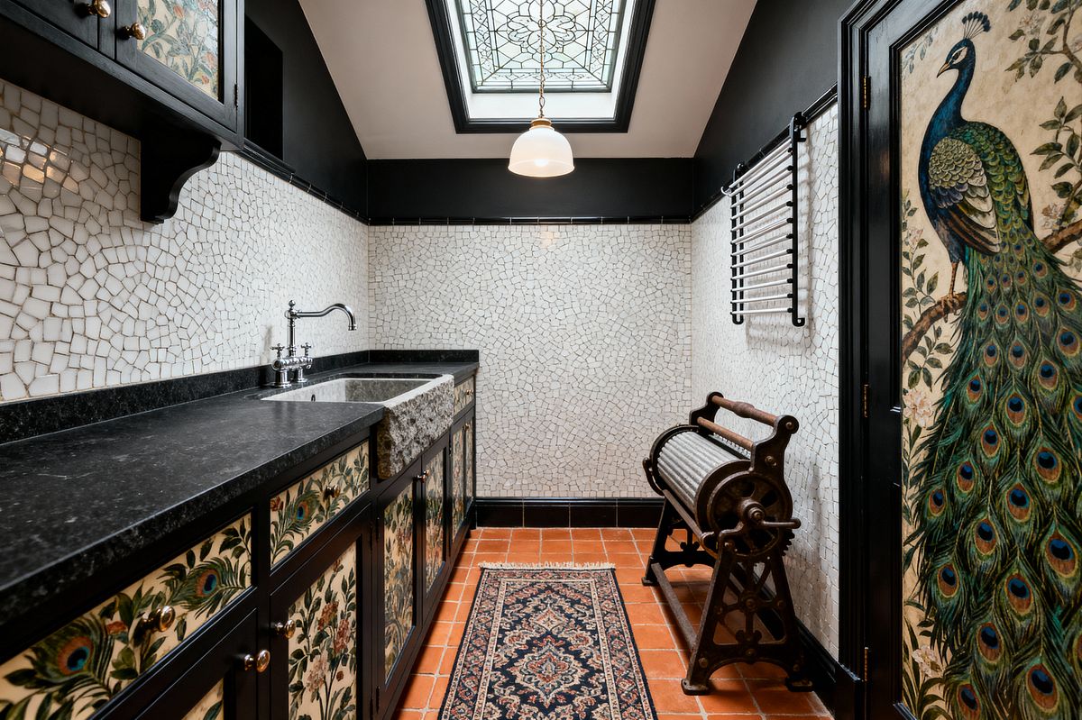 Room AI – Victorian Laundry with Peacock Motifs and Stained Glass