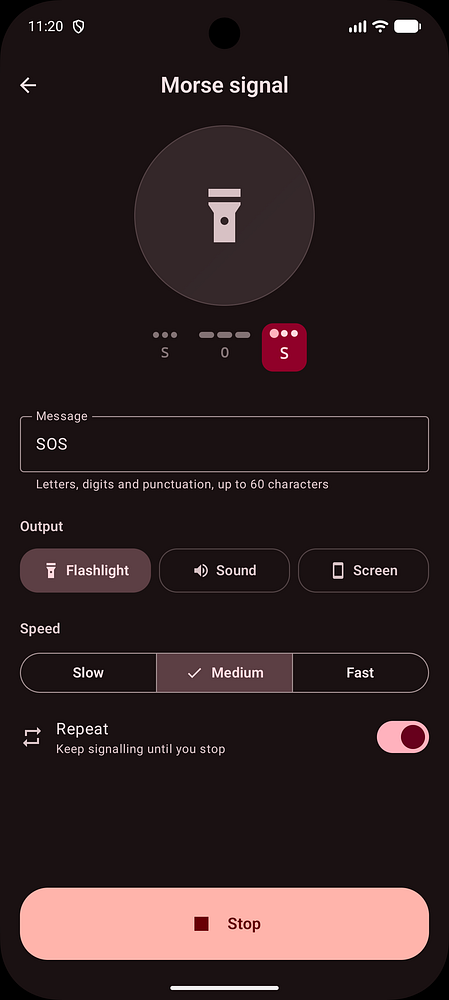 User interface of a Morse code signaling feature in a medical ID app displaying SOS in flashlight mode with adjustable speed and repeat options.