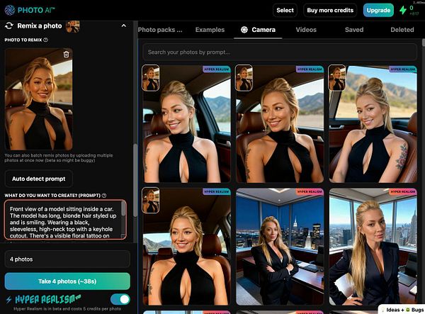 The image displays a user interface for a photo remixing tool featuring a model and various photo options.