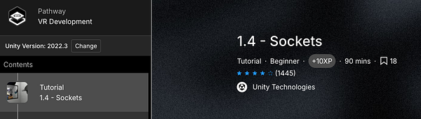 The image displays a user interface for a Unity tutorial focused on sockets in VR development.