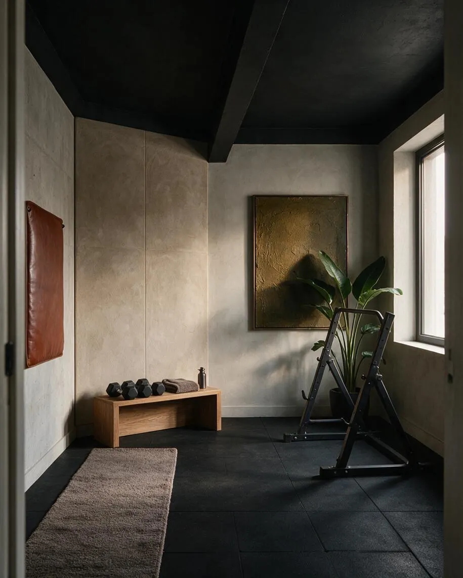 A compact home gym with dark rubber flooring, rough plaster walls, and a matte black ceiling. A wooden bench with dumbbells and a towel sits along the back wall, while a padded mat, framed wall art, a potted plant, and a metal workout rack add warmth and structure beside a bright window.