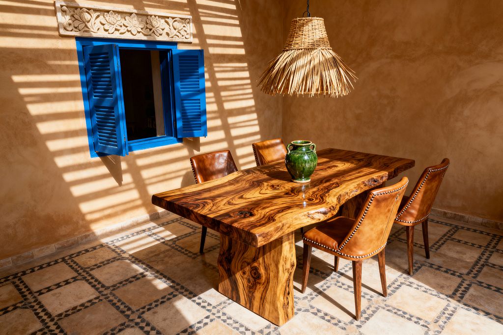 A sunlit Moroccan dining room with warm sand-toned plaster walls features a vivid blue louvered window beneath a carved floral frieze, while striped shadows fall across the space. At the center stands a sculptural live-edge hardwood table with four cognac leather, nailhead-trimmed chairs, a woven palm pendant overhead, and a stone tile floor with black geometric inlay, finished with a glossy green ceramic vase.