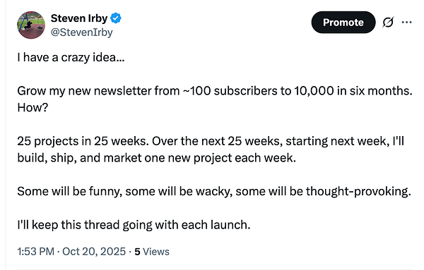 A Twitter post outlining a plan to grow a newsletter's subscriber base through a series of projects.