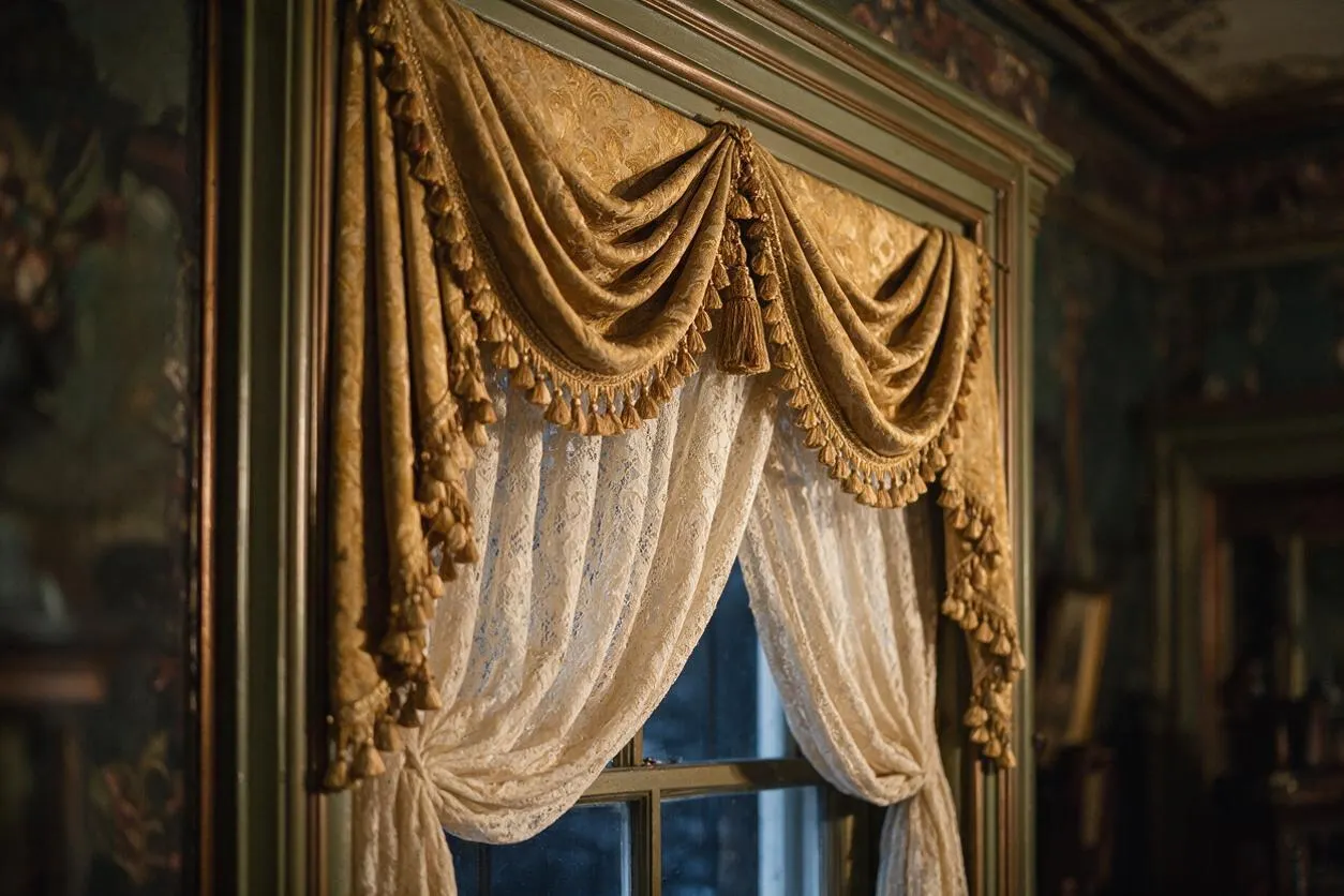 A close-up of a Victorian-style window dressed with layered drapery. Gold tasseled swags frame sheer lace curtains gathered at the sides, all set within a painted wood window trim in a dimly lit room.