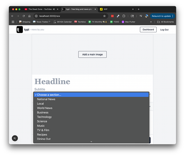 The image displays a user interface for a blogging platform with a dropdown menu for selecting a section.