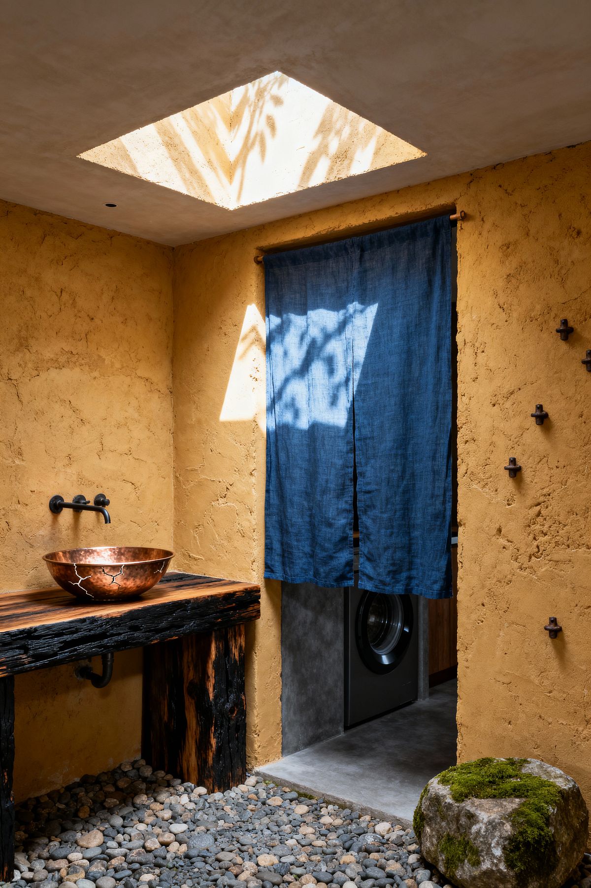 Room AI – Wabi-Sabi Laundry with Indigo Noren and Skylight - Interior