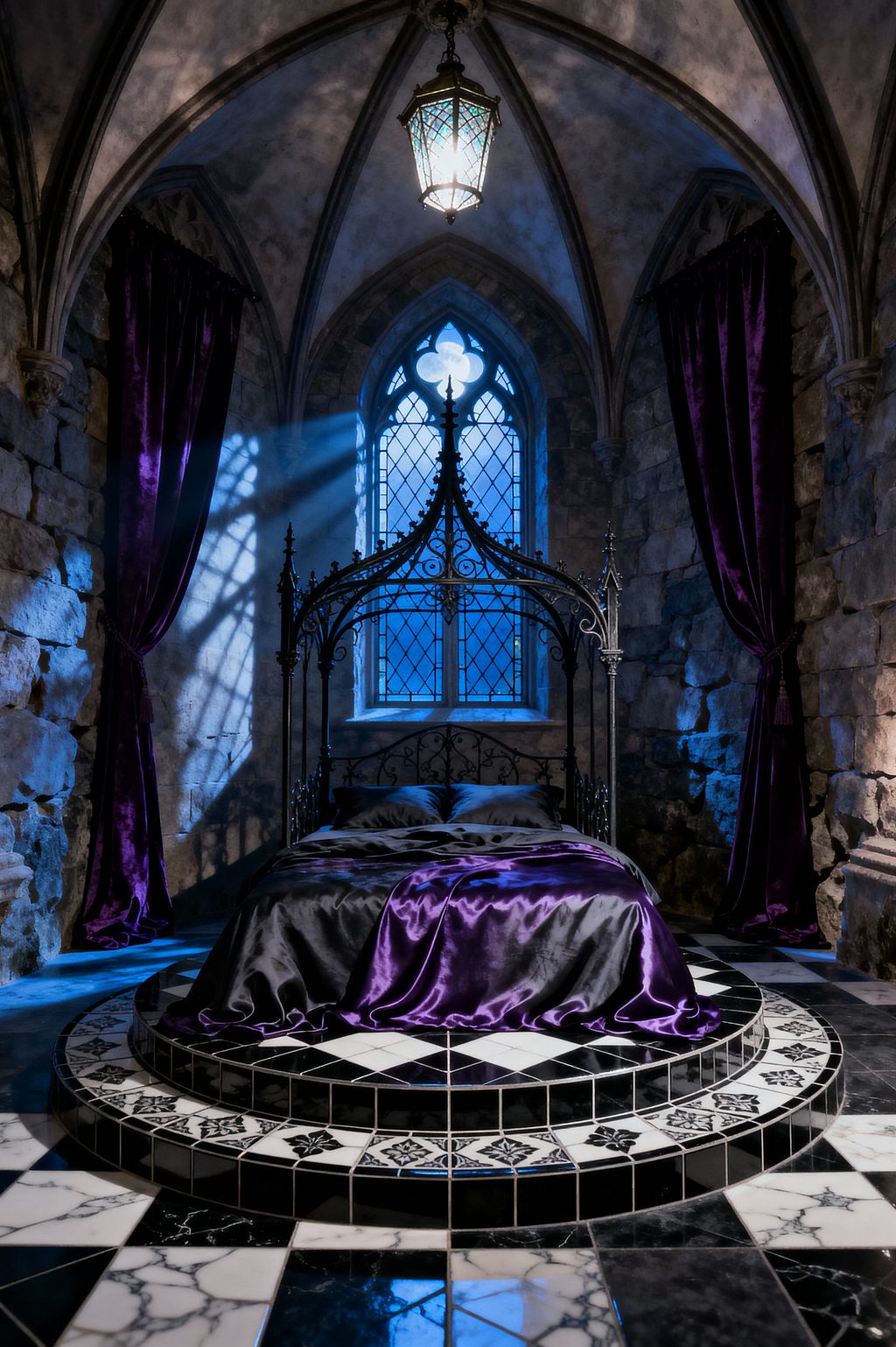 A dramatic Gothic bedroom features a rib‑vaulted ceiling, rough stone walls, and a tall pointed‑arch window with leaded glass casting blue moonlight. At center, a wrought‑iron canopy bed with spired tracery rests on a circular, tiered platform of black‑and‑white patterned tiles above a checkerboard marble floor, dressed in black satin with a purple satin throw, framed by heavy purple velvet drapes and lit by a hanging lantern that creates soft, moody shadows.