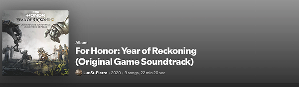 The image displays the album cover and details for 'For Honor: Year of Reckoning (Original Game Soundtrack)'.