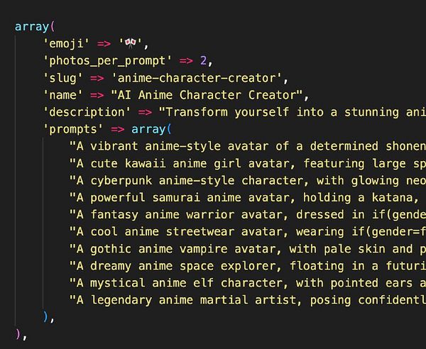 The image displays a code snippet related to an AI Anime Character Creator.