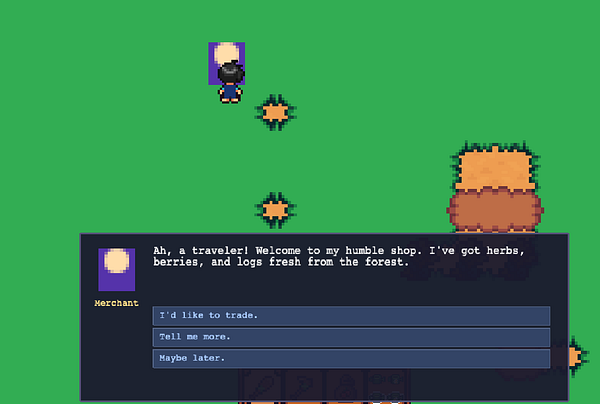 Screenshot of a game interface showing a dialog box about fishing, with animated characters and interaction options.