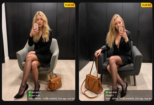 The image features two side-by-side photos of a woman in a black outfit, with varying levels of racy content indicated.